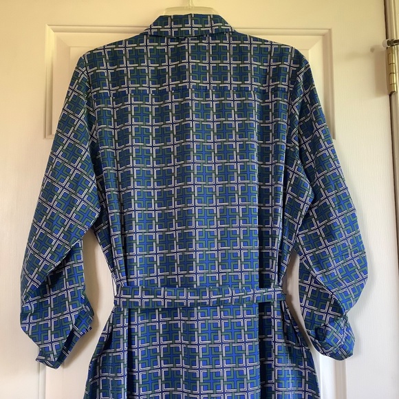 C. Wonder Midi Length Lattice Print Button Front Shirt Dress Blue/Green SZ 14 - Picture 11 of 16